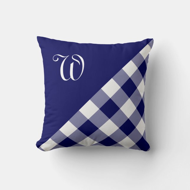 Bold Navy White Gingham Plaid Pattern Monogram Throw Pillow (Front)