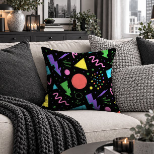Bold Neon Abstract Shapes Black Throw Pillow Art