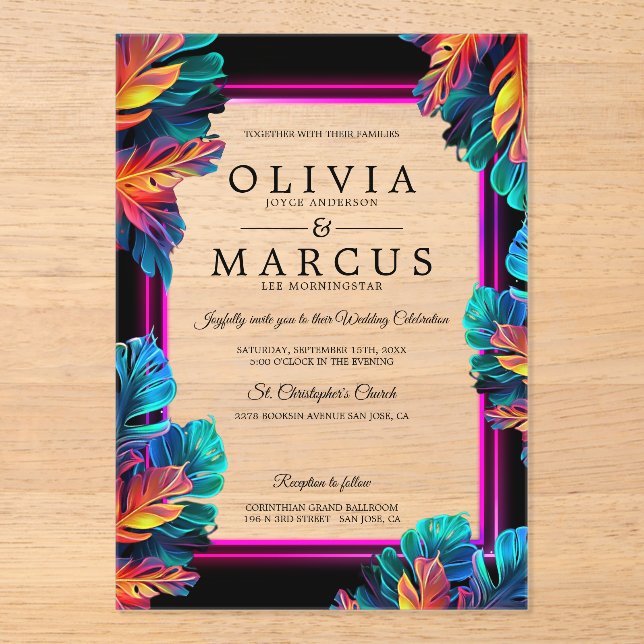 Bold Neon Foliage Acrylic Invitation (Front)