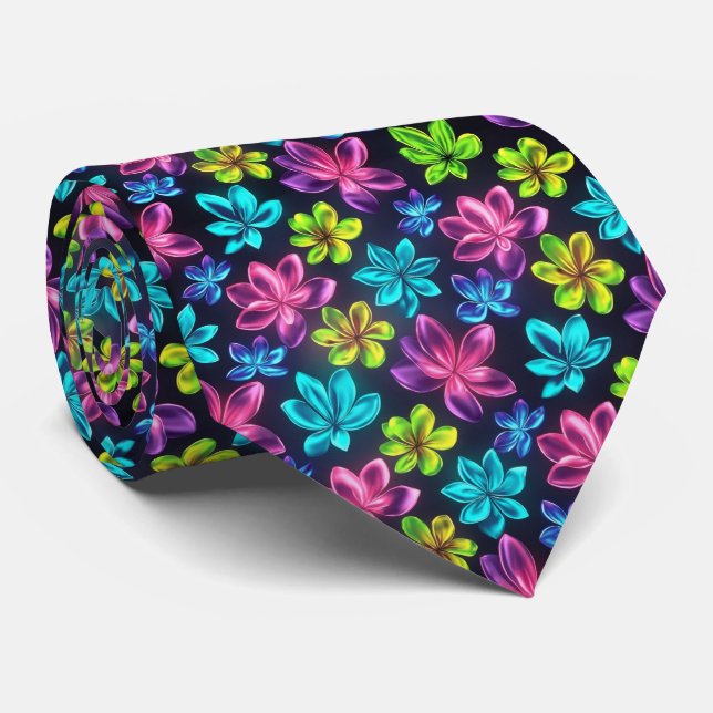 Bold Neon Gradient Floral Pattern Neck Tie (Rolled)