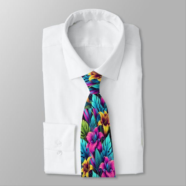 Bold Neon Lilies Illuminate Lush Greens Neck Tie (Tied)