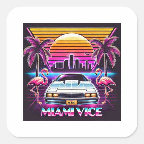 Bold Neon Retro Miami Vice T_Shirt Design Square Sticker