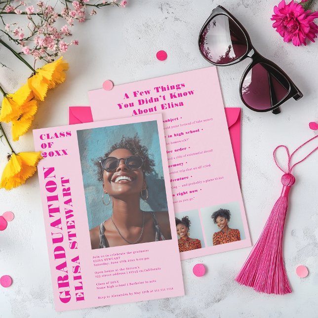 Bold Neon Retro Pink Modern 4 photos Graduation Invitation (Bold Neon Retro Pink Modern 4 photos Graduation Invitation)