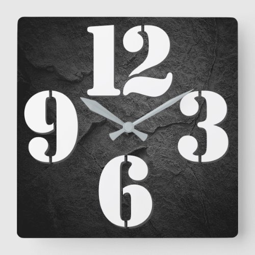 Bold Number Face On Black Rock Square Wall Clock