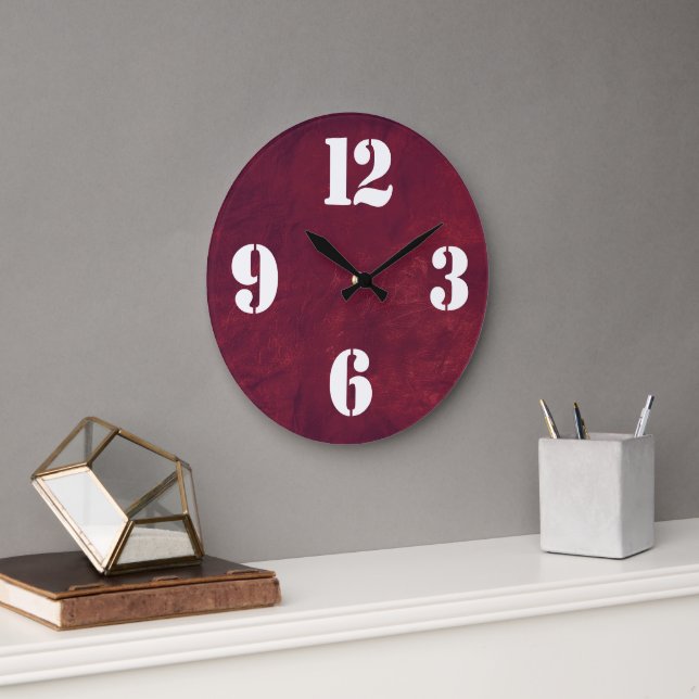 Bold Number Face On Red Leather Pattern Large Clock (Office)