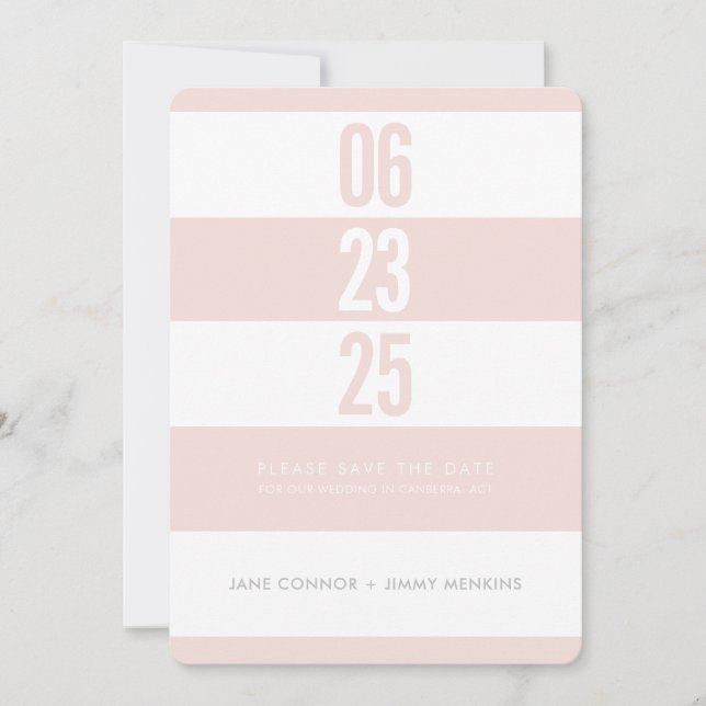 BOLD NUMBER STACK blush white stripe save the date (Front)
