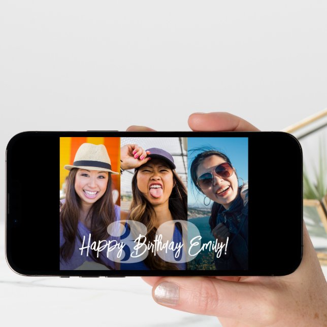 Bold Numbers Photo Collage Happy Birthday Script Card (Front Digital)