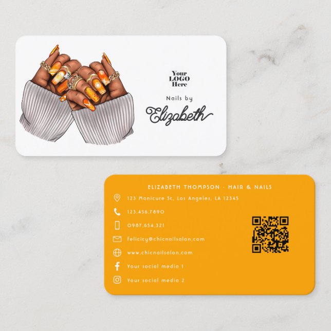 Bold Orange and Gold African American Nail Salon Business Card (Front/Back)