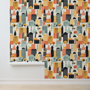 Bold Orange and Mint Green City Building Pattern Wallpaper