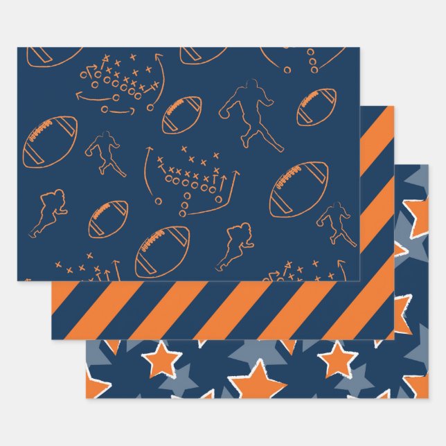 Bold Orange and Navy Blue Stars and Footballs Wrapping Paper Sheets (Set)