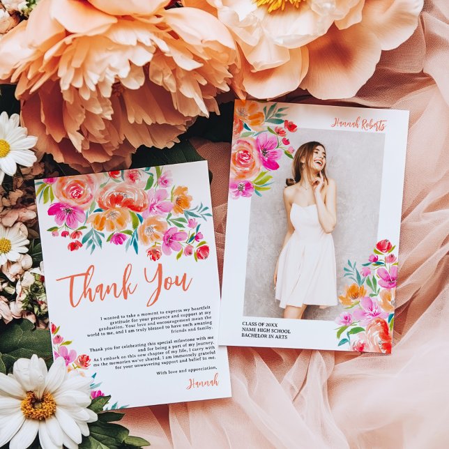 Bold Orange and Pink Watercolor Floral Graduation Thank You Card (Bold Orange and Pink Watercolor Floral Graduation Thank You Card)