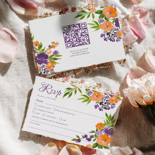 Bold Orange and Purple Floral QR Code Wedding RSVP Card