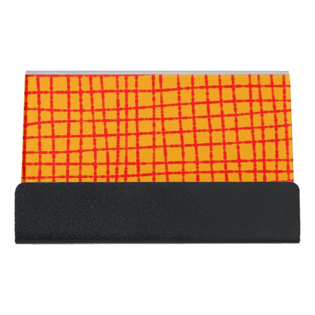 Bold Orange and Red Check Pattern Sleek Practical Desk Business Card Holder (Front)