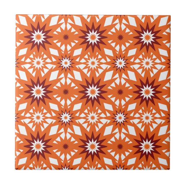 Bold Orange and Red Stars Starburst Pattern Ceramic Tile (Front)