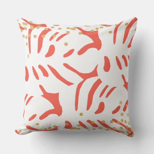 Bold Orange and White Tropical Leaf with Faux Gold Outdoor Pillow