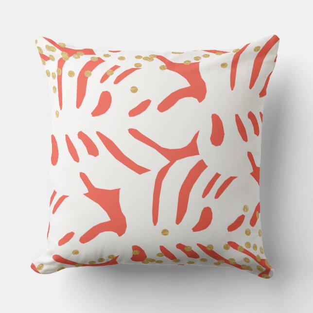 Bold Orange and White Tropical Leaf with Faux Gold Outdoor Pillow (Front)