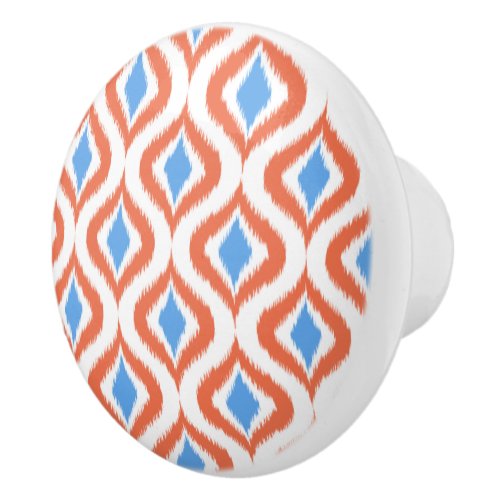 Bold Orange Azure Blue White Ikat Ogee Art Pattern Ceramic Knob
