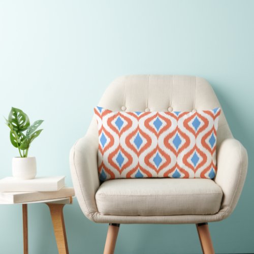 Bold Orange Azure Blue White Ikat Ogee Art Pattern Lumbar Pillow