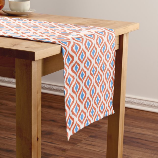 Bold Orange Azure Blue White Ikat Ogee Art Pattern Short Table Runner (In Situ)
