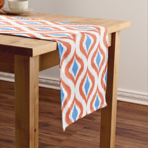 Bold Orange Azure Blue White Ikat Ogee Art Pattern Short Table Runner