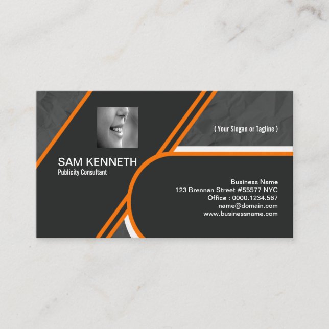 Bold Orange Borders Grey Paper Crease Design Business Card (Front)