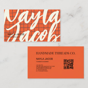 Bold Orange Brown Check Pattern QR Code Handmade Business Card