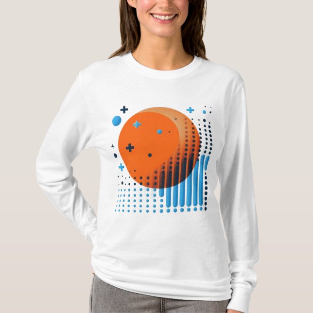 Bold Orange Circle & Fading Blue Dot Grid Women’s  T-Shirt (Front)