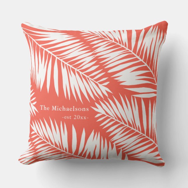 Bold Orange Coral and White Palms Outdoor Pillow (Front)