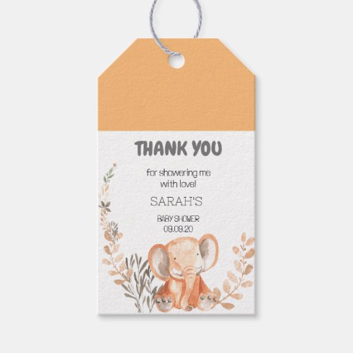 Bold Orange Floral Baby Elephant Shower Thank You  Gift Tags