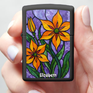 Bold Orange Flowers with Purple Background Zippo Lighter