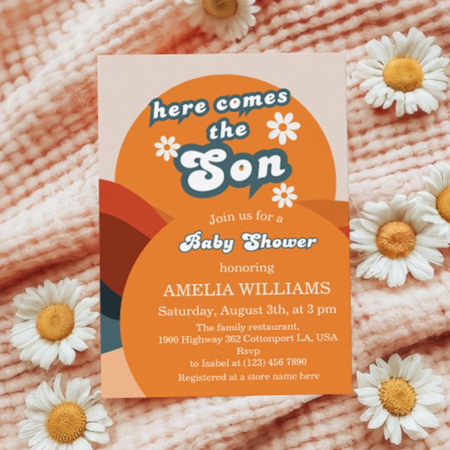 Bold Orange Groovy Here Comes The Son Baby Shower Invitation (Creator Uploaded)