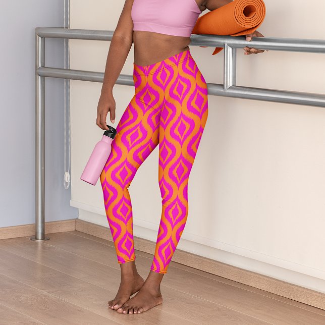 Bold Orange Hot Pink Summer Ikat Ogee Art Pattern Leggings (Creator Uploaded)