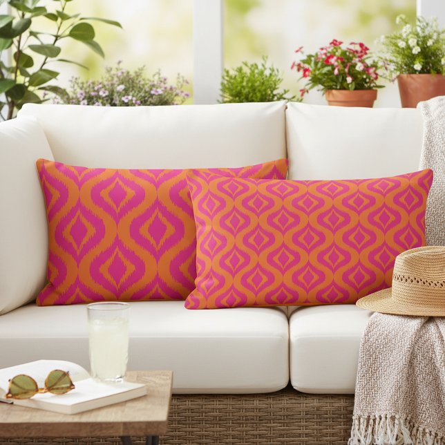 Bold Orange Hot Pink Summer Ikat Ogee Art Pattern Lumbar Pillow (Creator Uploaded)