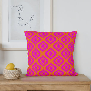 Bold Orange Hot Pink Summer Ikat Ogee Art Pattern Throw Pillow