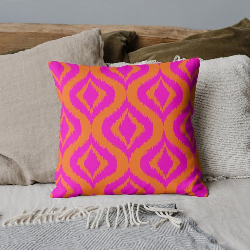 Bold Orange Hot Pink Summer Ikat Ogee Art Pattern Throw Pillow