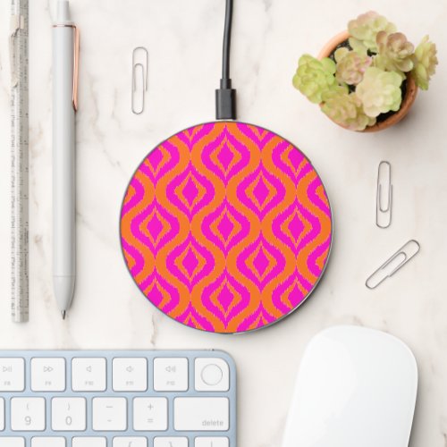 Bold Orange Hot Pink Summer Ikat Ogee Art Pattern Wireless Charger