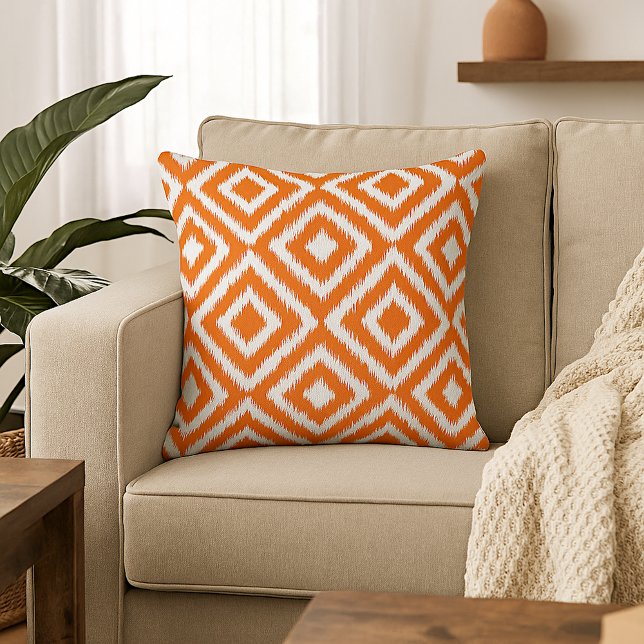 Bold Orange Ikat Squares Mosaic Art Pattern Throw Pillow (Creator Uploaded)