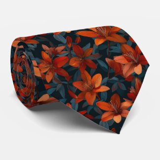 Bold Orange Lily Floral Pattern on Dark Neck Tie