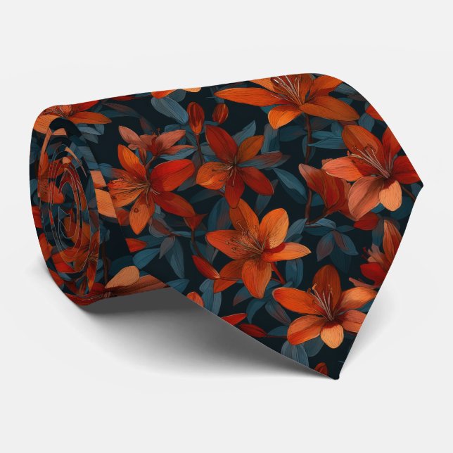 Bold Orange Lily Floral Pattern on Dark Neck Tie (Rolled)