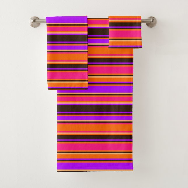 Bold Orange, Magenta, & Purple Striped Towel Set (Insitu)