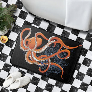 Bold Orange Mesmerizing Octopus Mandala  Bath Mat