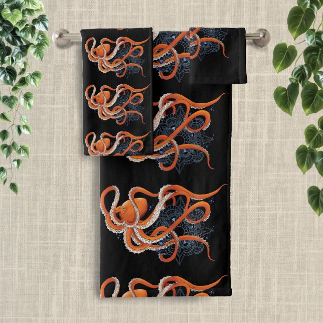 Bold Orange Mesmerizing Octopus Mandala  Bath Towel Set (Creator Uploaded)