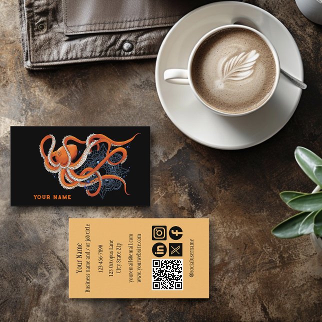 Bold Orange Mesmerizing Octopus Mandala  Business Card (Creator Uploaded)