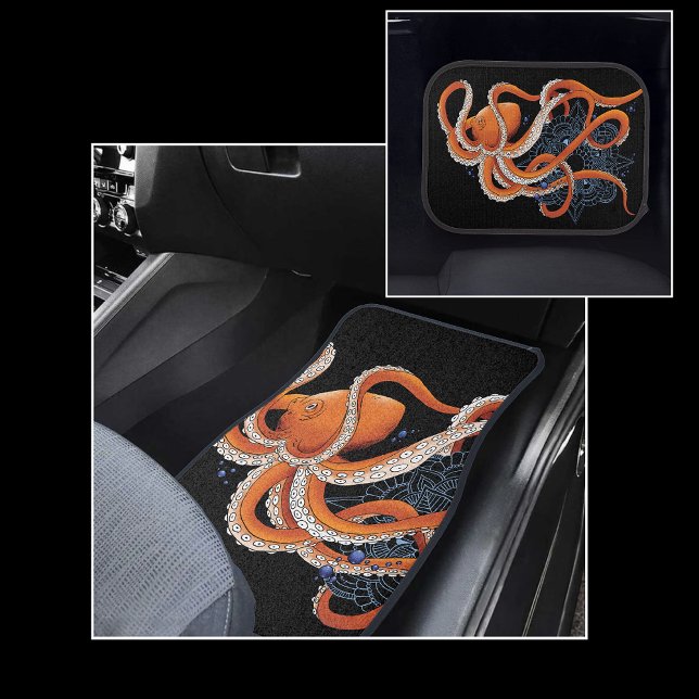 Bold Orange Mesmerizing Octopus Mandala Car Floor Mat (Creator Uploaded)