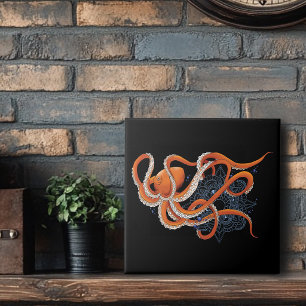 Bold Orange Mesmerizing Octopus Mandala  Ceramic Tile