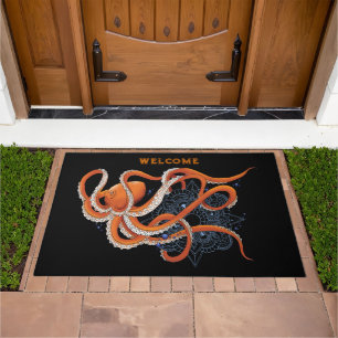 Bold Orange Mesmerizing Octopus Mandala Doormat