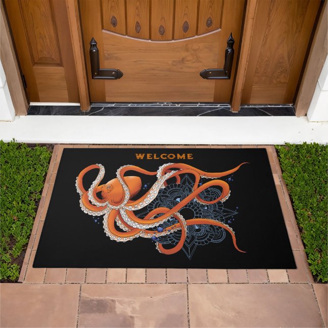 Bold Orange Mesmerizing Octopus Mandala  Doormat (Outdoor)