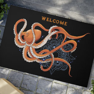 Bold Orange Mesmerizing Octopus Mandala Doormat