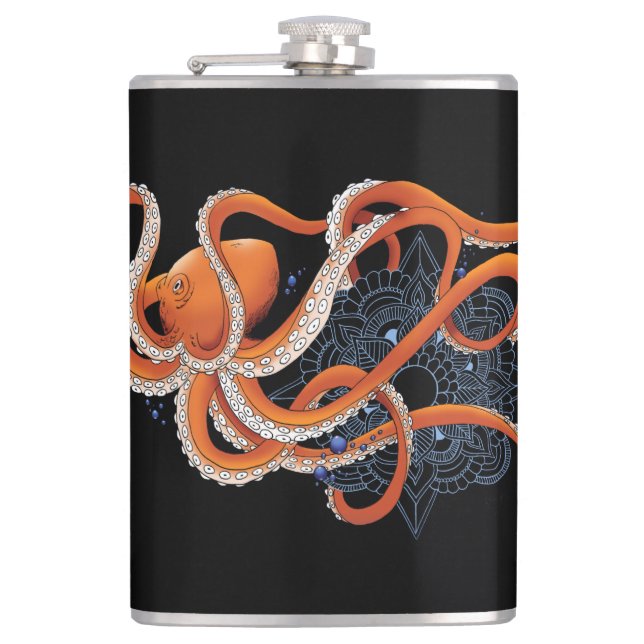 Bold Orange Mesmerizing Octopus Mandala  Flask (Front)