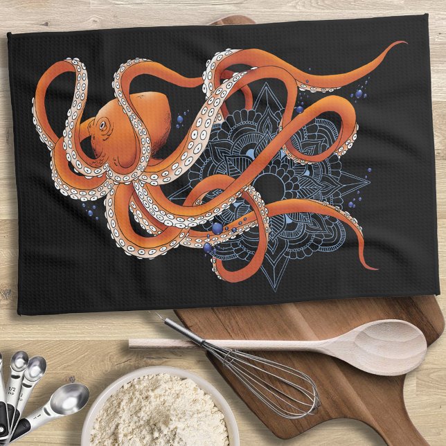 Bold Orange Mesmerizing Octopus Mandala  Kitchen Towel (Creator Uploaded)
